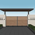 Wooden Double Gate With Overhead Canopy White Walls Square Lattice Stone Path And Green Shrubs