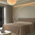 Modern Hotel Room with Large Window Mountain View Beige Curtains and Potted Plant