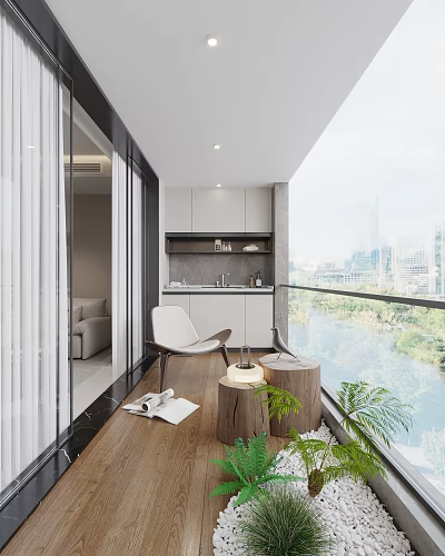 Modern Home Balcony Design With White Chair Wooden Stool Plants And River View 3d model