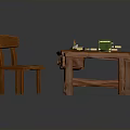 Wooden Study Desk And Chair Set With Stacked Books And Table Lamp