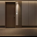 Hotel Corridor Long Passage With Carpeted Floor Recessed Ceiling Lights And Side Doors