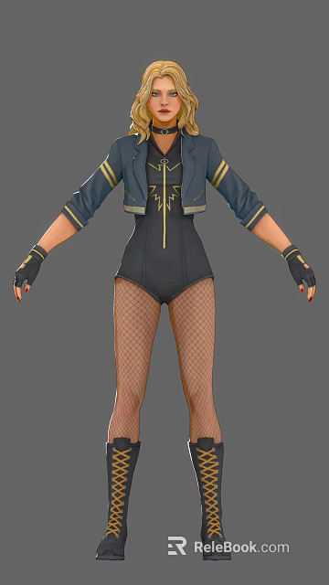Game Movie Character In Black Bodysuit With Blue Gold Jacket And Fishnet Stockings 3d model 
