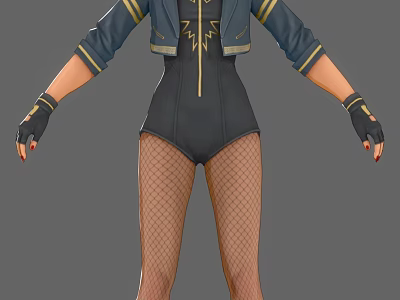 Game Movie Character In Black Bodysuit With Blue Gold Jacket And Fishnet Stockings 3d model