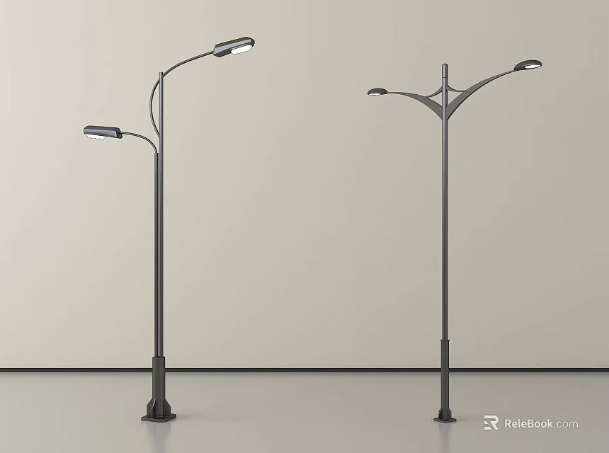 Outdoor Street Lights with Modern Curved Arm and Double Head Design Sturdy Base 3d model 