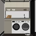 Modern Home Balcony Interior With Washing Machines Storage Cabinets And Marble Countertop