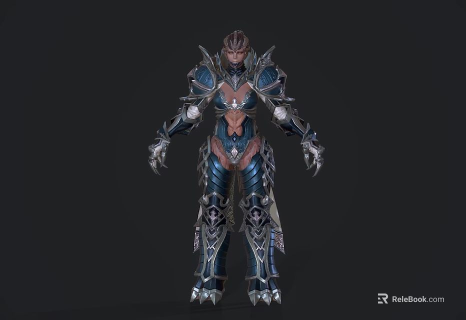 Game Movie Fantasy Character Wearing Elaborate Spiked Blue Silver Armor With Ornate Details 3d model 