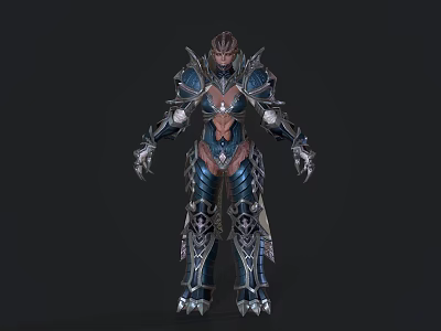 Game Movie Fantasy Character Wearing Elaborate Spiked Blue Silver Armor With Ornate Details 3d model