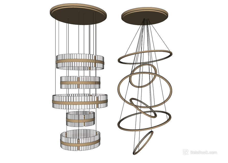 Modern Chandeliers with Layered Circular Rings and Spiral Metal Frame Designs 3d model 