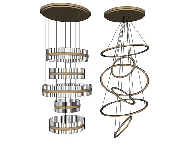 Modern Chandeliers with Layered Circular Rings and Spiral Metal Frame Designs 3d model