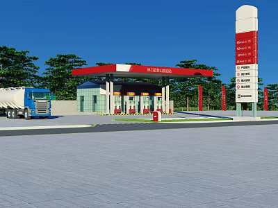 Modern Gas Station Featuring Red White Roof Price Signboard Tanker Truck And Green Trees 3d model