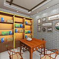 Tobacco and Liquor Store Interior with Wooden Shelves Glass Counter Displays Yellow Lines Bright Lighting