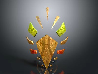 Golden Shield Shaped Weapon With Green Orange Accents And Intricate Metallic Texture Design 3d model