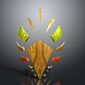Golden Shield Shaped Weapon With Green Orange Accents And Intricate Metallic Texture Design