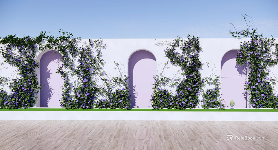 Vines with Purple Flowers Climbing White Walls with Pink Arched Doors and Wooden Flooring 3d model 