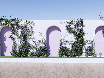 Vines with Purple Flowers Climbing White Walls with Pink Arched Doors and Wooden Flooring 3d model