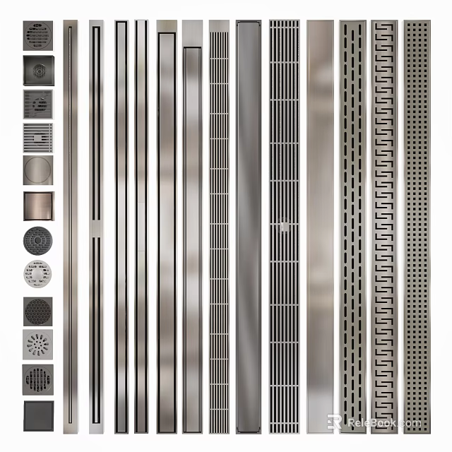 Bathroom Accessories Including Various Stainless Steel Drain Covers With Grid And Round Square Designs 3d model 
