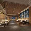 Modern Restaurant Interior With Wooden Panels Pendant Lights And Dining Tables Setup
