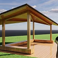 Wooden Pergola Structure With Sloped Roof And Support Columns In Outdoor Area
