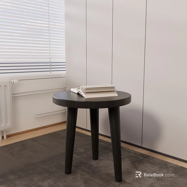 Dark Round Top Side Table With Three Legs And Books In Indoor Window Blinds Setting 3d model
