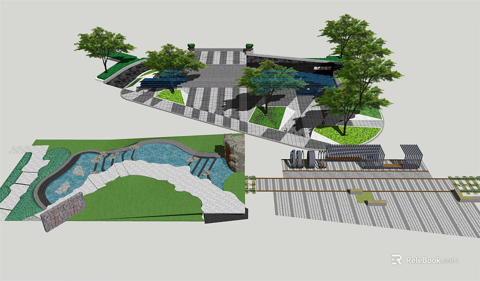 Square Landscape Design With Trees Water Feature Paved Pathway And Greenery 3d model