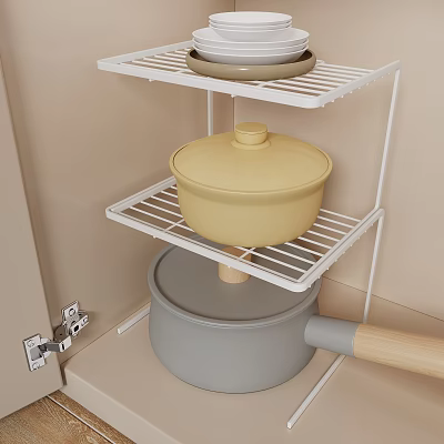 White Double Layer Shelf For Kitchenware With Yellow Lidded Pot Gray Pot And Wooden Handle 3d model