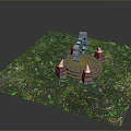 Stone Circular Platform With Spire Towers And Small Stones In Colorful Textured Vegetation Scene