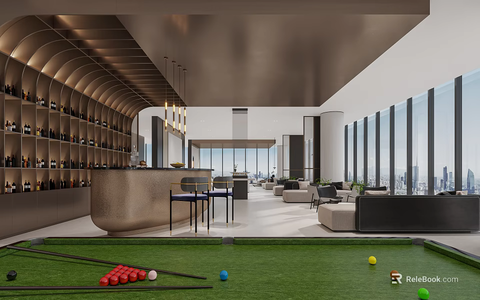 Modern Luxury Reception Area With Bar Counter Wine Rack Sofa And Billiard Table 3d model 