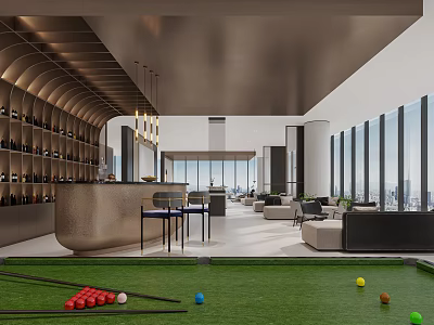 Modern Luxury Reception Area With Bar Counter Wine Rack Sofa And Billiard Table 3d model