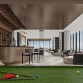 Modern Luxury Reception Area With Bar Counter Wine Rack Sofa And Billiard Table