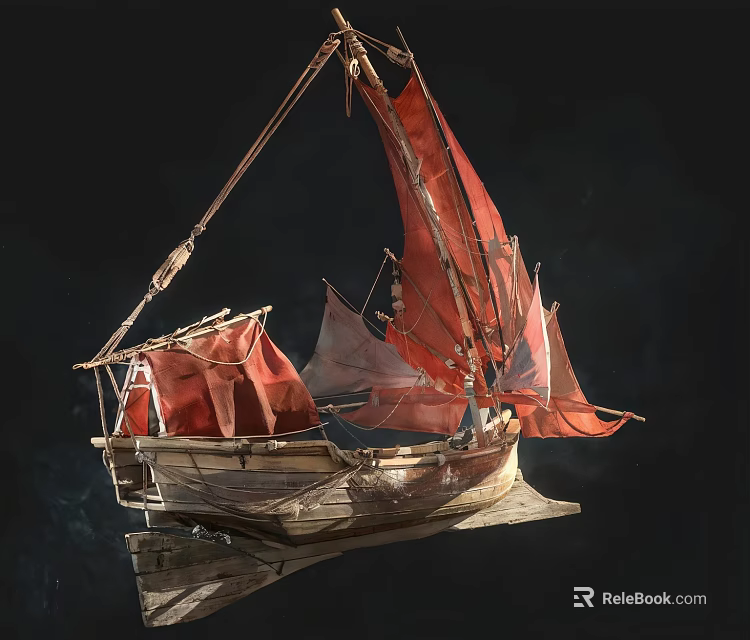 Vintage Wooden Boat Model With Red Sails And Detailed Wooden Structure 3d model 