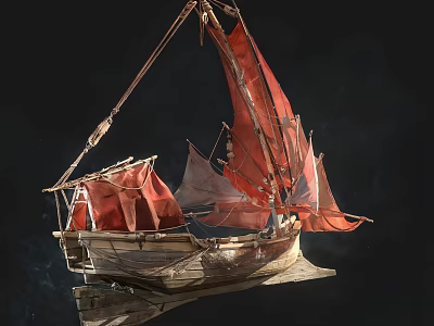 Vintage Wooden Boat Model With Red Sails And Detailed Wooden Structure 3d model