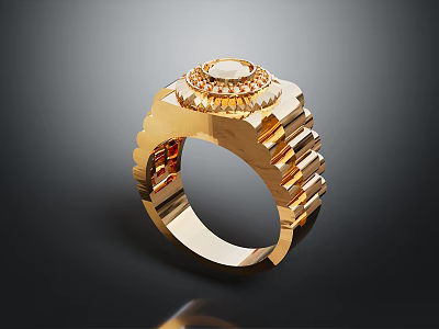 Luxury Gold Ring Featuring Central Diamond And Elegant Textured Band Design Details 3d model