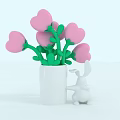 Scenic Photo Check-in Spot With Giant Pink Heart-shaped Flowers White Vase And Rabbit Sculpture