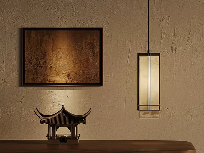 Traditional Chinese Interior Decor With Architectural Model Hanging Lamp And Wall Painting 3d model