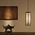 Traditional Chinese Interior Decor With Architectural Model Hanging Lamp And Wall Painting