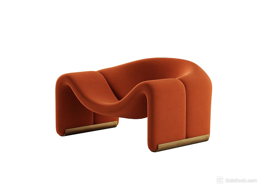 Modern Orange Upholstered Leisure Chair With Curved Lines And Gold Metal Legs 3d model 