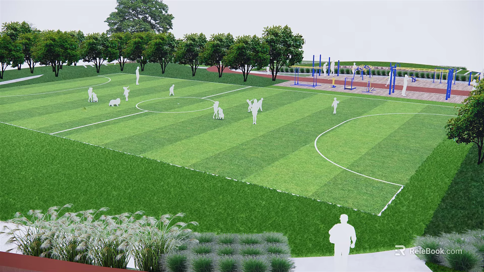 Scenic Park Landscape With Green Lawn People Playing Trees And Sports Facilities 3d model 