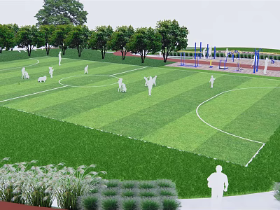 Scenic Park Landscape With Green Lawn People Playing Trees And Sports Facilities 3d model