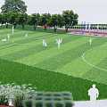 Scenic Park Landscape With Green Lawn People Playing Trees And Sports Facilities