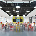 School Bright Classroom With Colorful Tables Chairs Windows And Learning Shelves