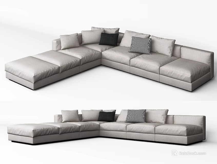 Light Gray Sectional Sofa With Black And Patterned Cushions For Living Room 3d model