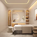 Modern SPA Sauna Treatment Room With Comfortable Bed Sink Shelves And Warm Lighting