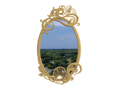 Oval Mirror with Ornate Gold Frame Reflecting Blue Sky and Green Trees View 3d model