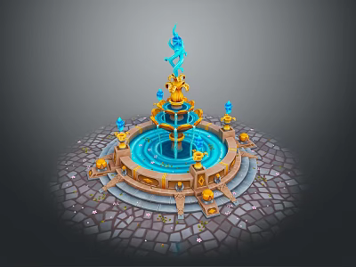 Ornate Decorative Household Fountain With Blue Water Flow Golden Accents And Stone Brick Base 3d model
