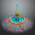 Ornate Decorative Household Fountain With Blue Water Flow Golden Accents And Stone Brick Base