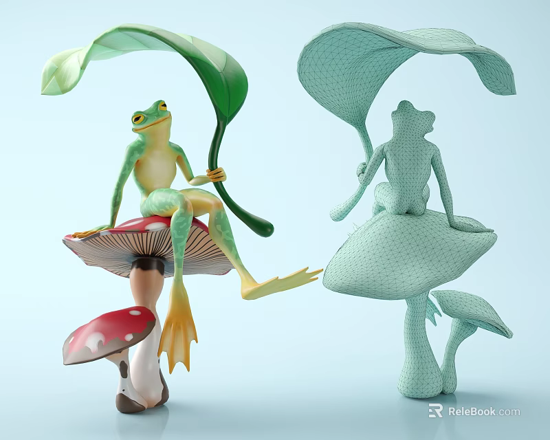 Green And Blue Frog Figurines Sitting On Red White Spotted And Blue Mushrooms With Leaves 3d model 
