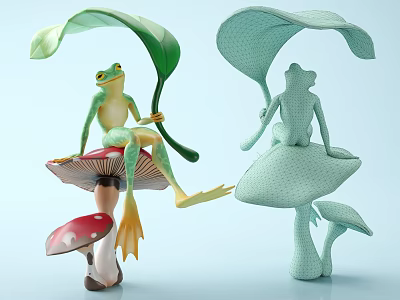 Green And Blue Frog Figurines Sitting On Red White Spotted And Blue Mushrooms With Leaves 3d model