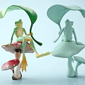 Green And Blue Frog Figurines Sitting On Red White Spotted And Blue Mushrooms With Leaves