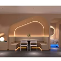 Warm Toned Restaurant Interior Featuring Wooden Decor Curved Design Booth Seating And Indoor Plants