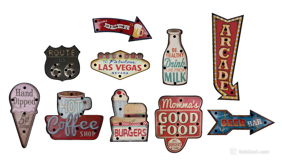 Colorful Vintage Decorative Lights With Retro Signs For Coffee Shop And Burgers 3d model 